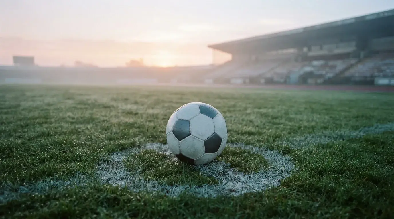 Ein einzelner Fussball liegt auf dem Anstosspunkt eines leeren Rasenplatzes am frühen Morgen, Tau glitzert auf dem Gras, die Tribüne liegt im Dunst.