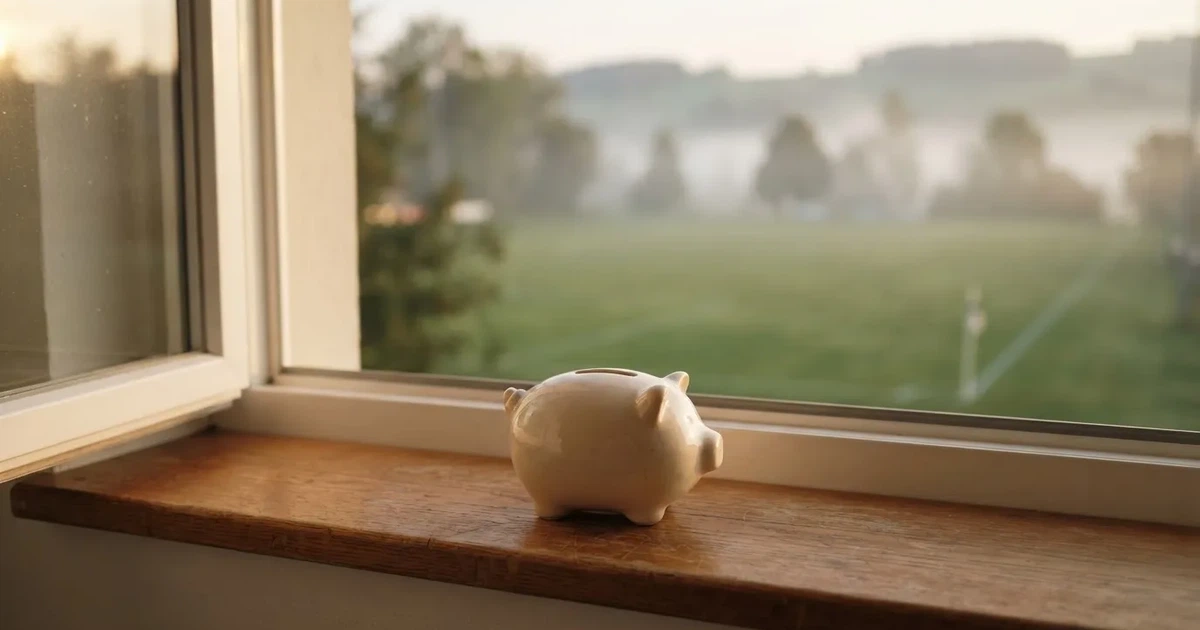 Ein kleines Sparschwein aus Keramik steht auf einem Fensterbrett, im Hintergrund ein verschwommener Rasenplatz im Morgenlicht.
