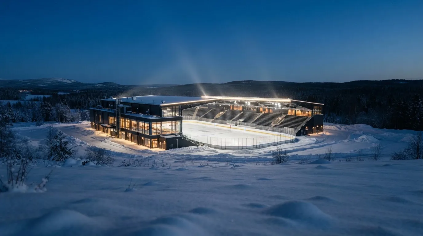 Eine Eishalle von Weitem unter Flutlicht, die leere Eisfläche glänzt, auf den Rängen sitzt niemand, draussen liegt Schnee.