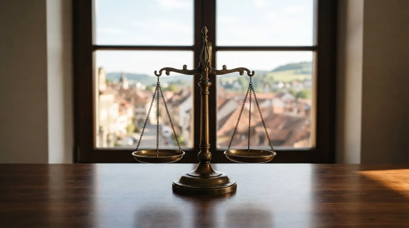 Eine Waage aus Messing steht auf einem polierten Schreibtisch vor einem Fenster mit Blick auf Dächer und sanfte Hügel.