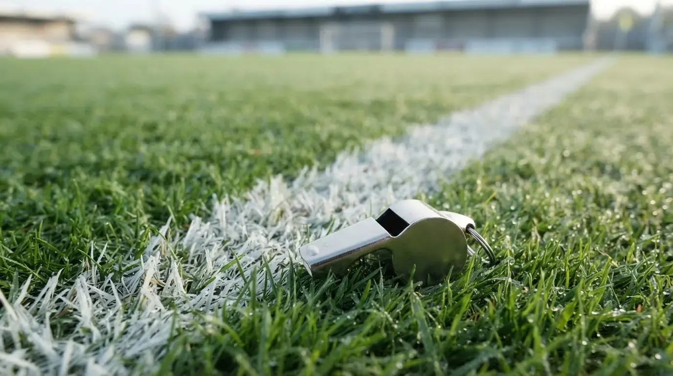 Eine Trillerpfeife liegt auf dem Rasen neben der Mittellinie, Tau hängt an den Halmen, im Hintergrund ein leerer Spielfeldrand.