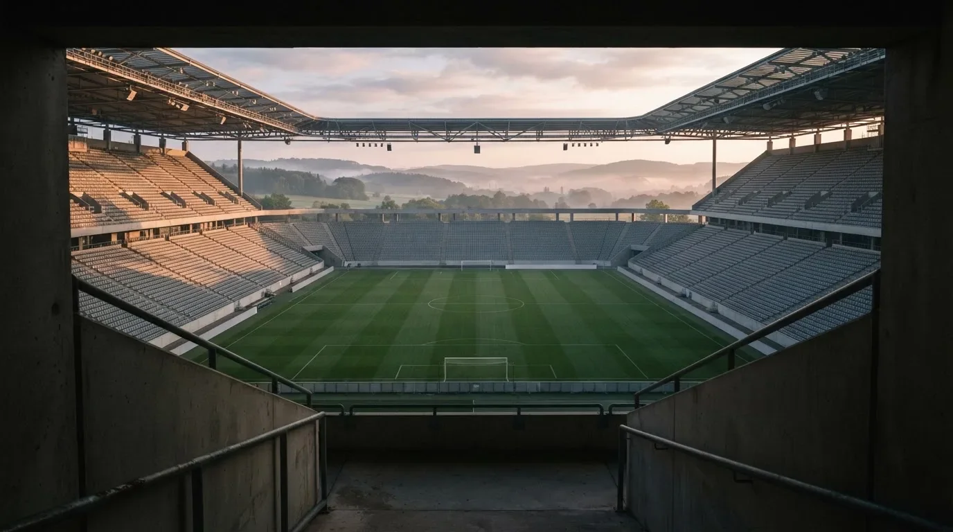 Ein leeres Stadion im Morgenlicht mit Blick auf die Sitzreihen, im Hintergrund Hügel und aufsteigender Nebel.