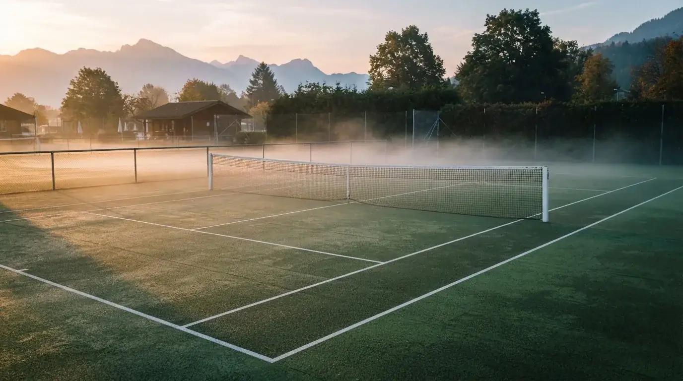 Ein Tennisplatz bei Sonnenaufgang, die Linien frisch gezogen, das Netz in der Mitte und Nebel über dem Boden.