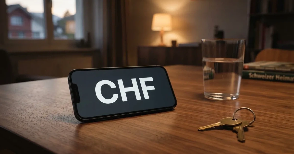 Ein Smartphone mit schwarzem Display liegt auf einem Holztisch neben einem Glas Wasser und einem Schlüsselbund.