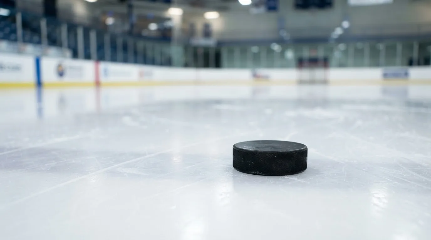 Ein Eishockeypuck liegt auf dem Eis, im Hintergrund unscharf die Bande unter hellem Hallenlicht.