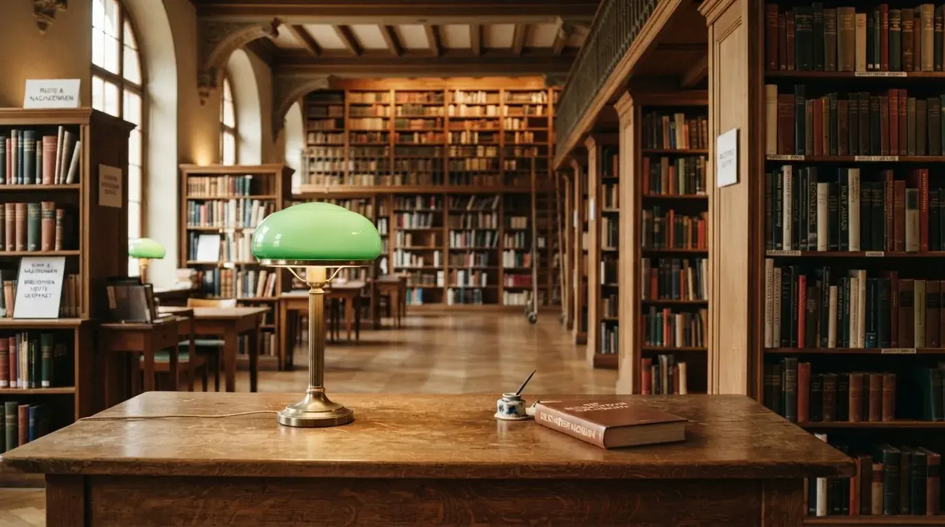 Eine Bibliothek mit hohen Holzregalen voller Bücher, im Vordergrund ein Lesetisch mit grüner Lampe.