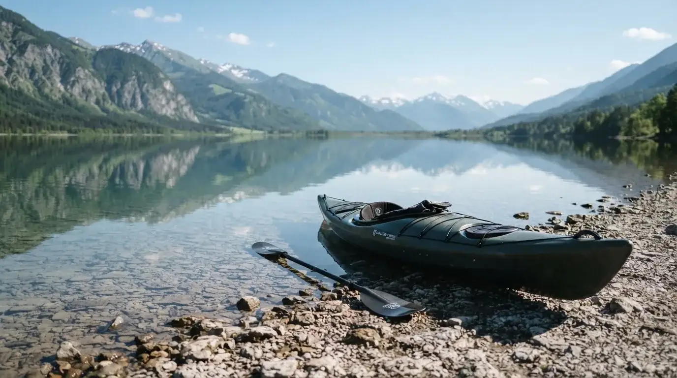 Ein Kajak liegt am Ufer eines Bergsees, daneben ein Paddel, das Wasser ist glatt und der Himmel klar.