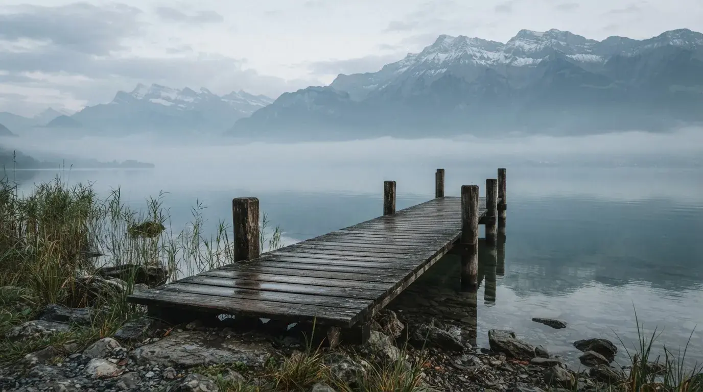 Ein Seeufer mit einem hölzernen Steg, Nebel liegt über dem Wasser, am anderen Ufer erheben sich Berge.