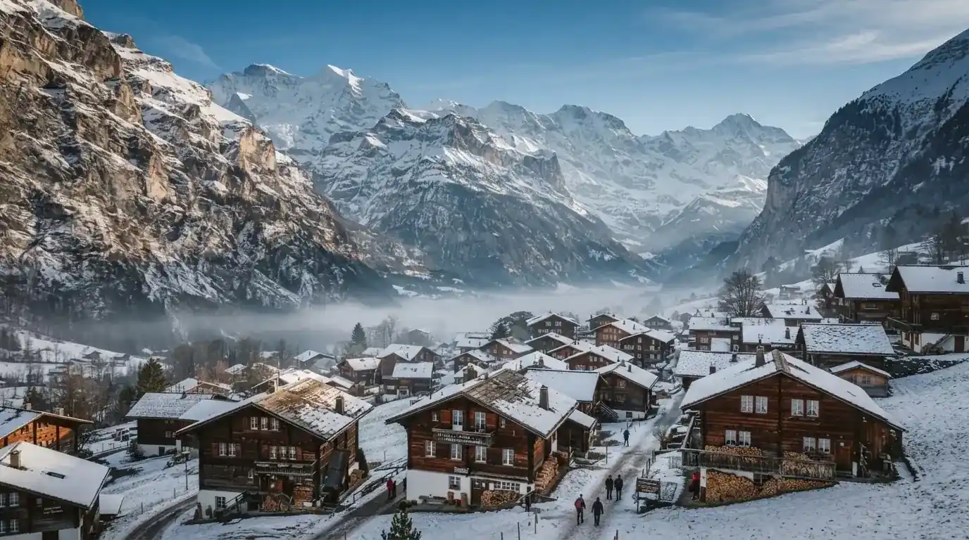 Ein Bergdorf mit Holzhäusern im Tal an einem klaren Morgen, über den Dächern liegen Nebelschwaden und im Hintergrund Gipfel.