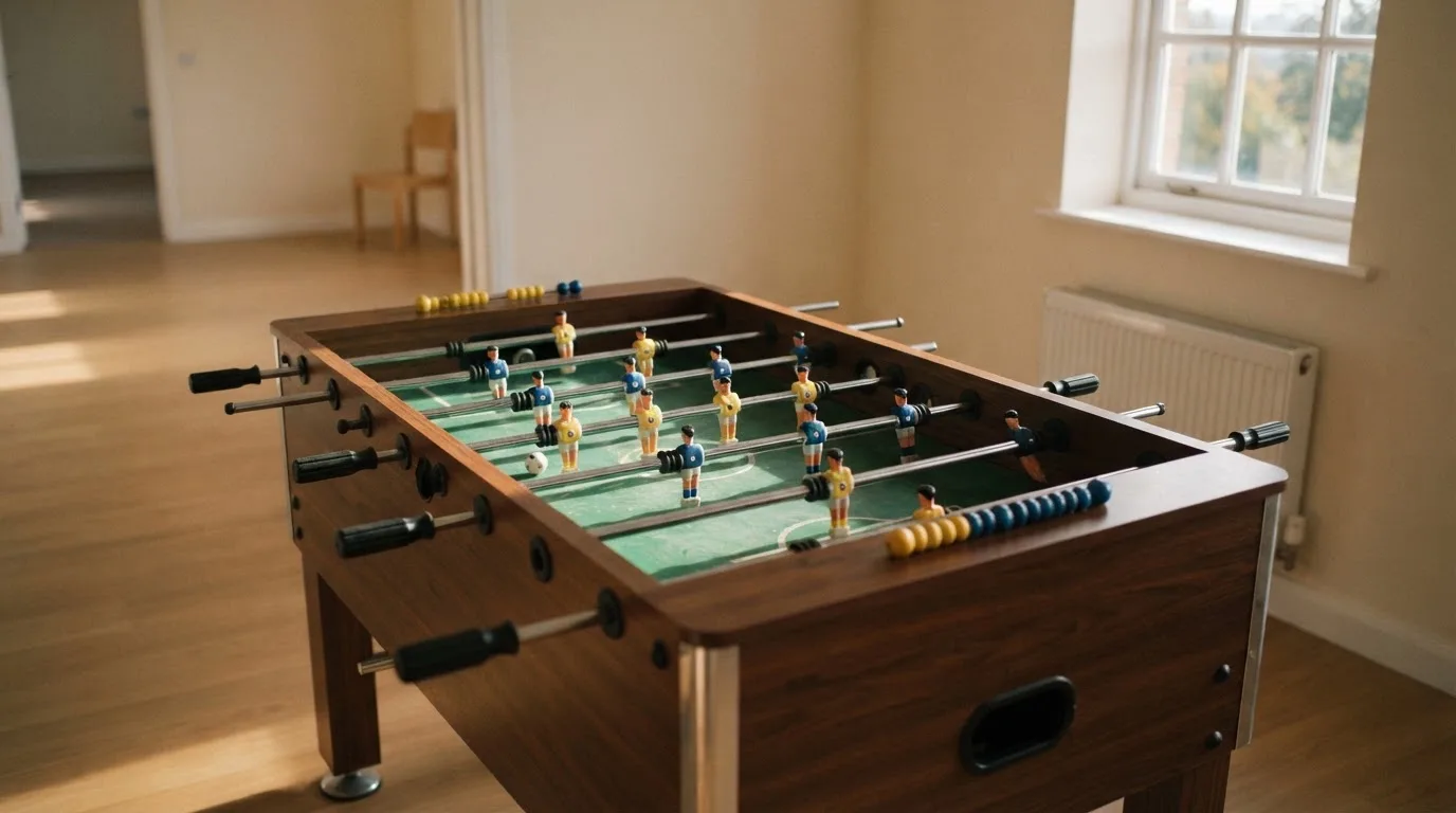 Ein Tischfussballtisch steht in einem leeren Aufenthaltsraum, Nachmittagslicht fällt durch ein Fenster.