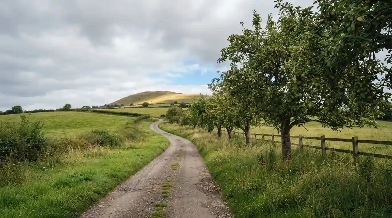 Ein Feldweg führt zwischen Wiesen zu einem Hügel, der Himmel ist bewölkt, am Wegrand stehen Obstbäume.