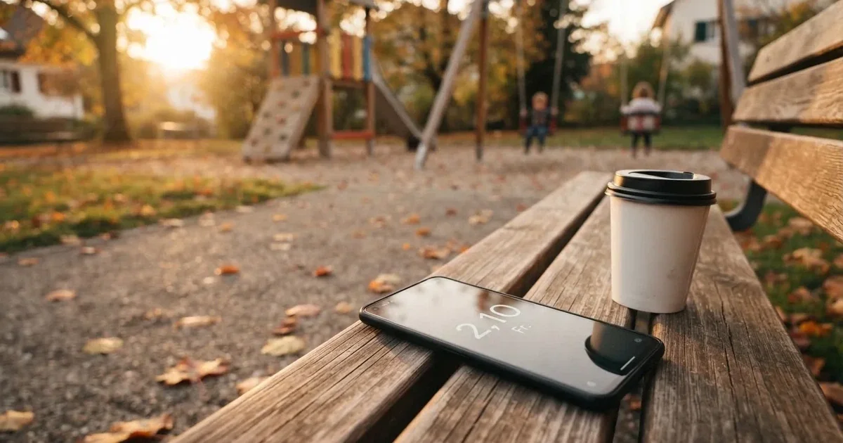 Ein Smartphone mit dunklem Display liegt auf einer Parkbank, daneben ein Kaffeebecher, im Hintergrund ein Spielplatz.