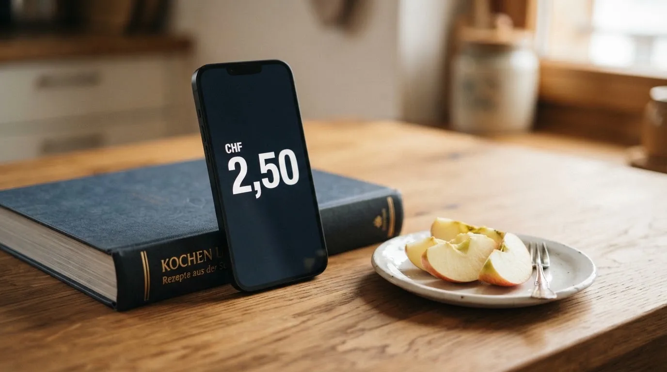 Ein Smartphone mit schwarzem Display lehnt an einem Buch auf einem Küchentisch, daneben ein Teller mit Apfelstücken.