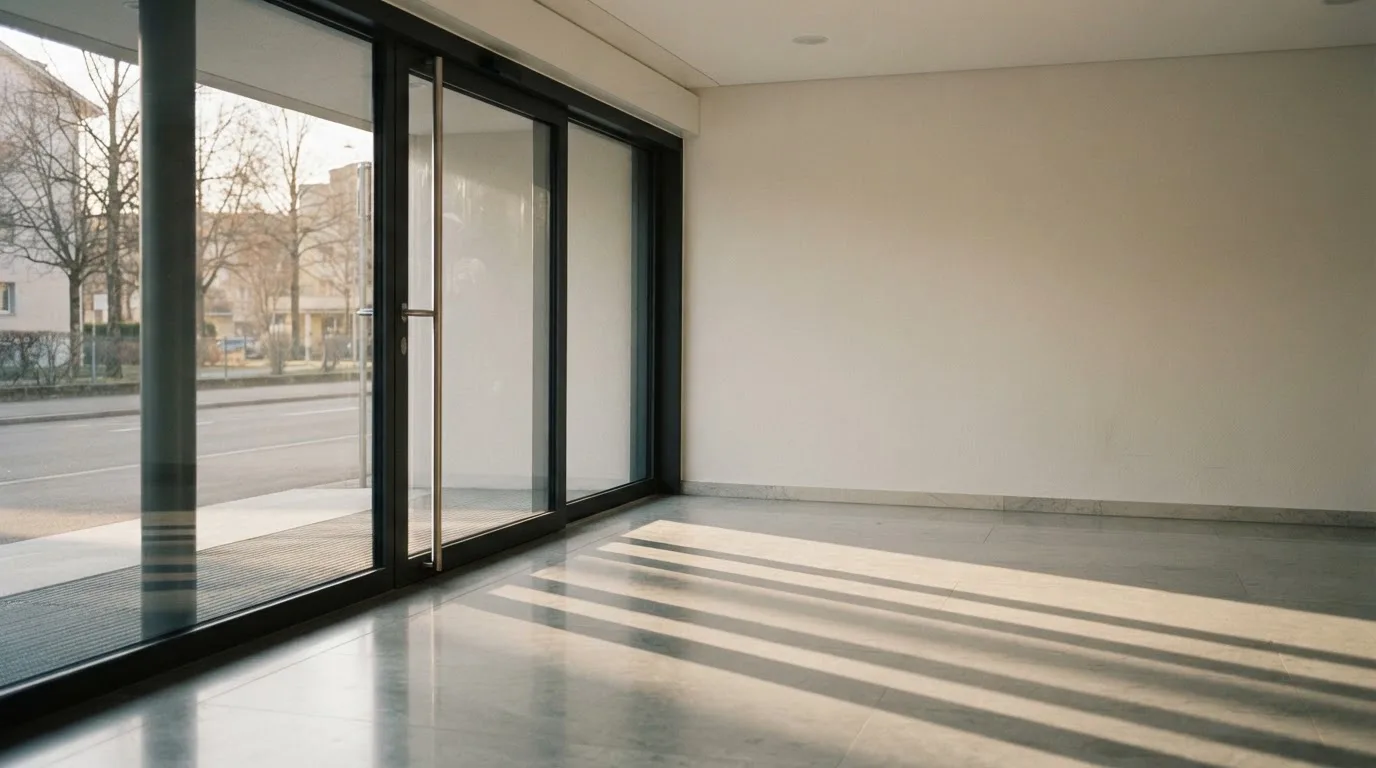 Eine geschlossene Schiebetür aus Glas in einem leeren Foyer, Licht von der Strasse zeichnet Streifen auf den Boden.