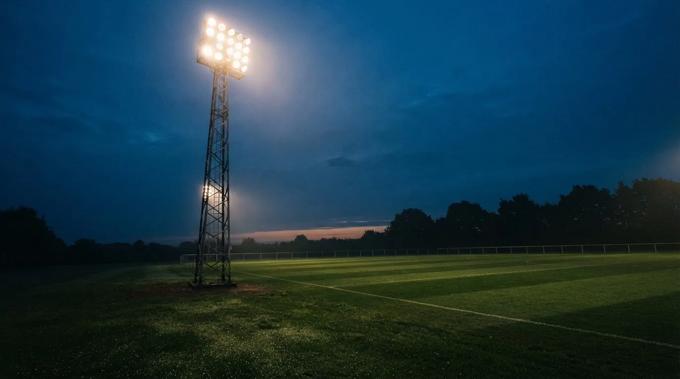 Ein Flutlichtmast ragt in den Abendhimmel, die Rasenfläche darunter liegt leer und dunkelgrün da.