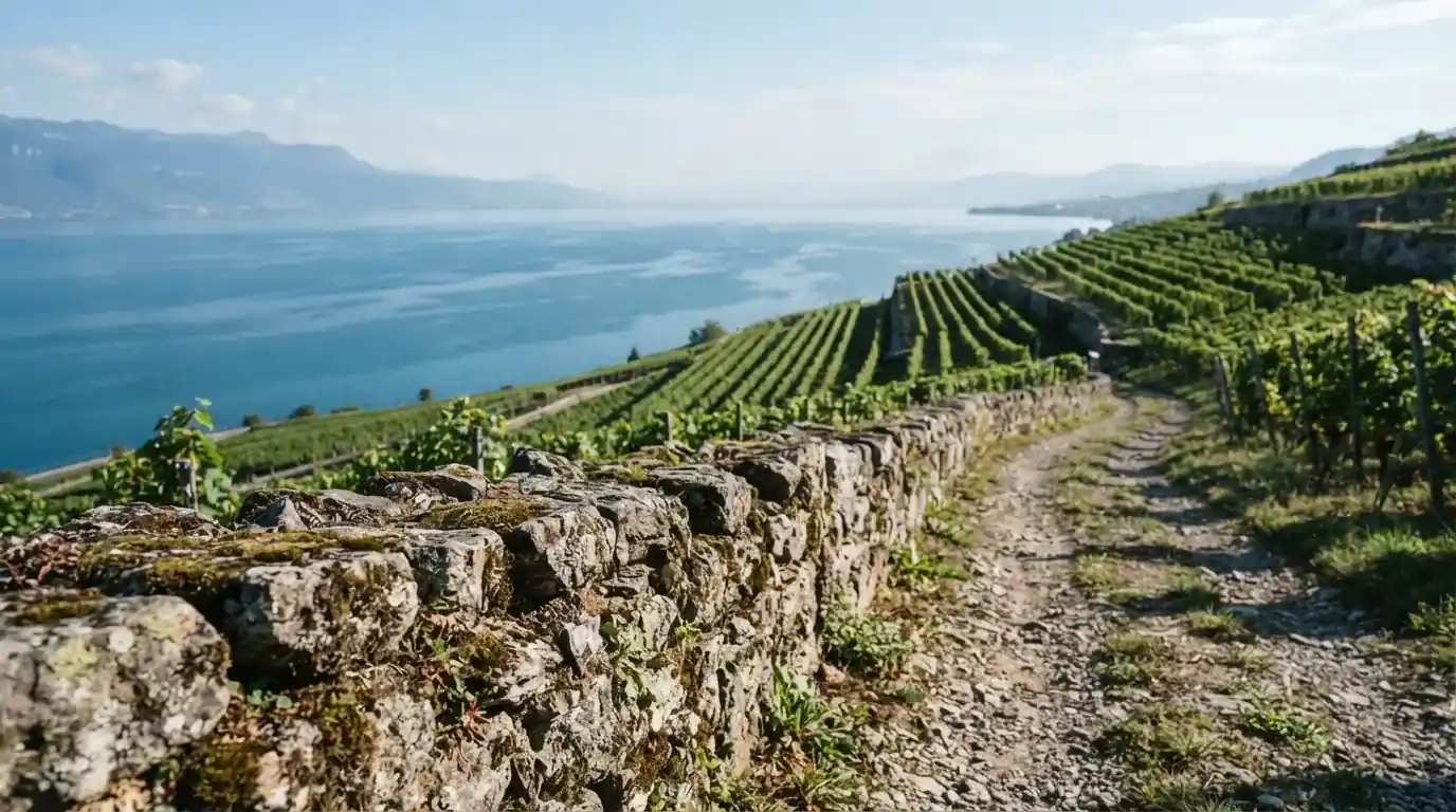 Eine Mauer aus Natursteinen am Wegrand, dahinter Weinberge, die zu einem See hinabführen.