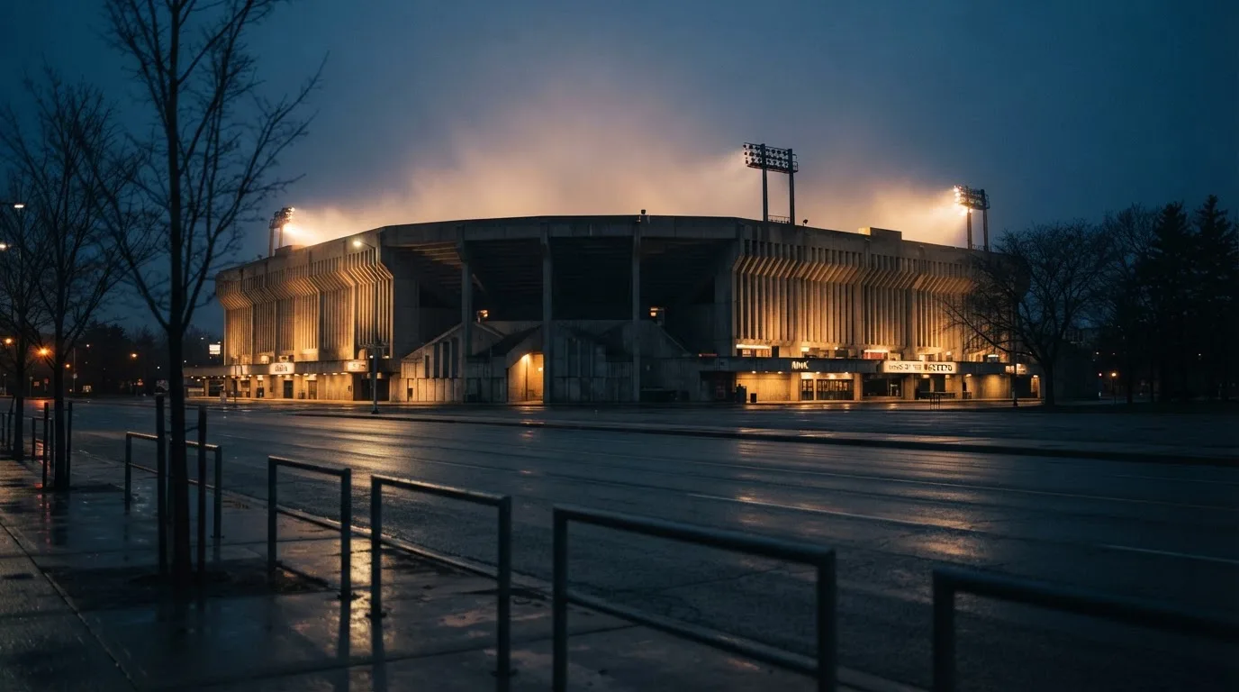 Ein grosses Eisstadion aus der Ferne gesehen, hell erleuchtet von Flutlicht in der Abenddämmerung, davor eine leere Strasse.
