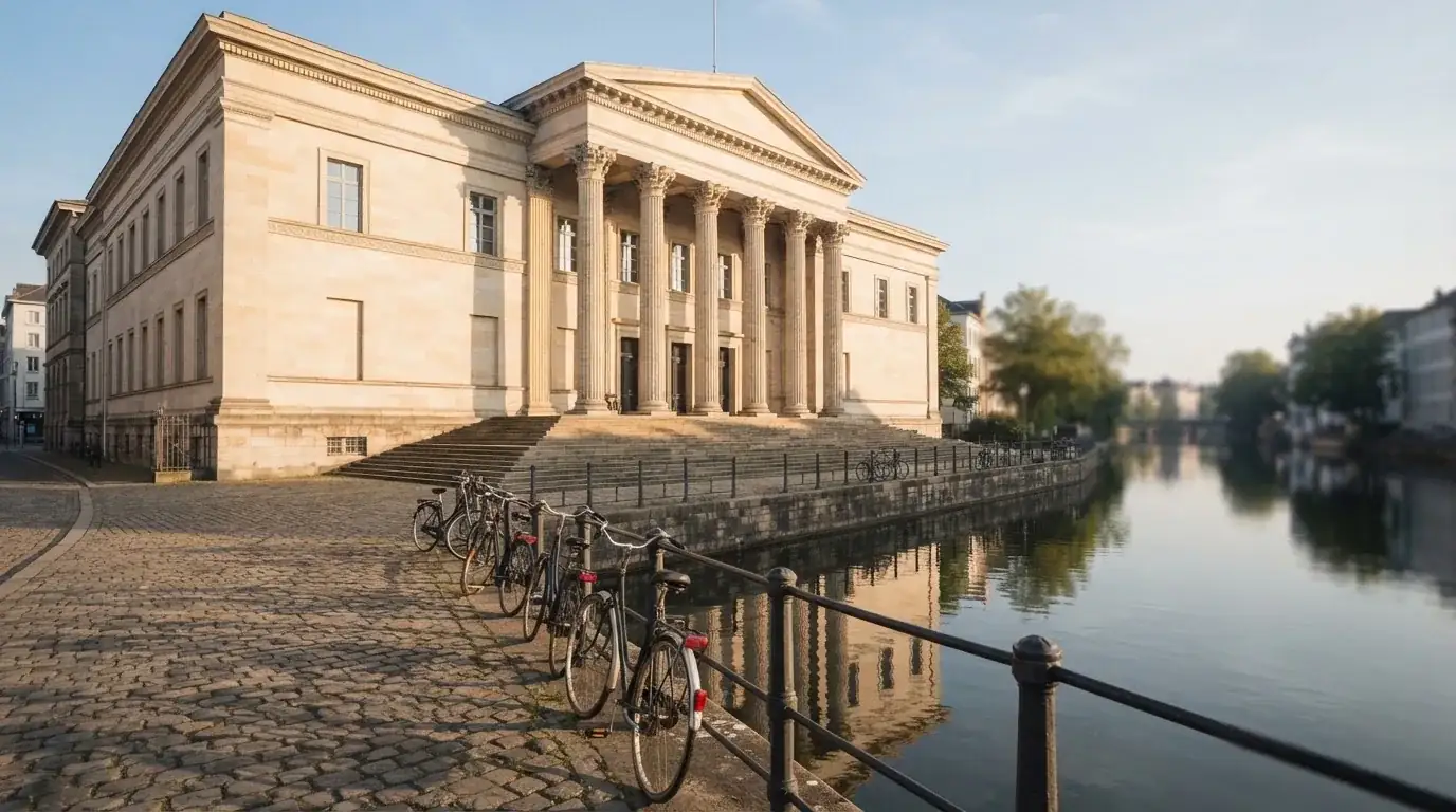 Ein Gebäude mit steinernen Säulen steht an einem Flussufer an einem klaren Morgen, davor lehnen einige Fahrräder.