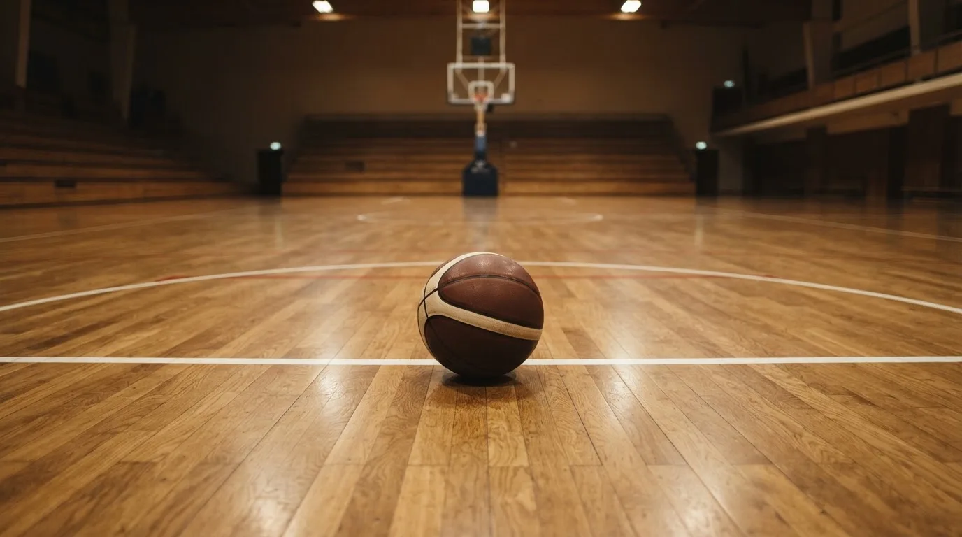Ein Basketball liegt auf dem Parkett einer leeren Halle, von den Deckenlampen fällt gleichmässiges Licht auf den Boden.