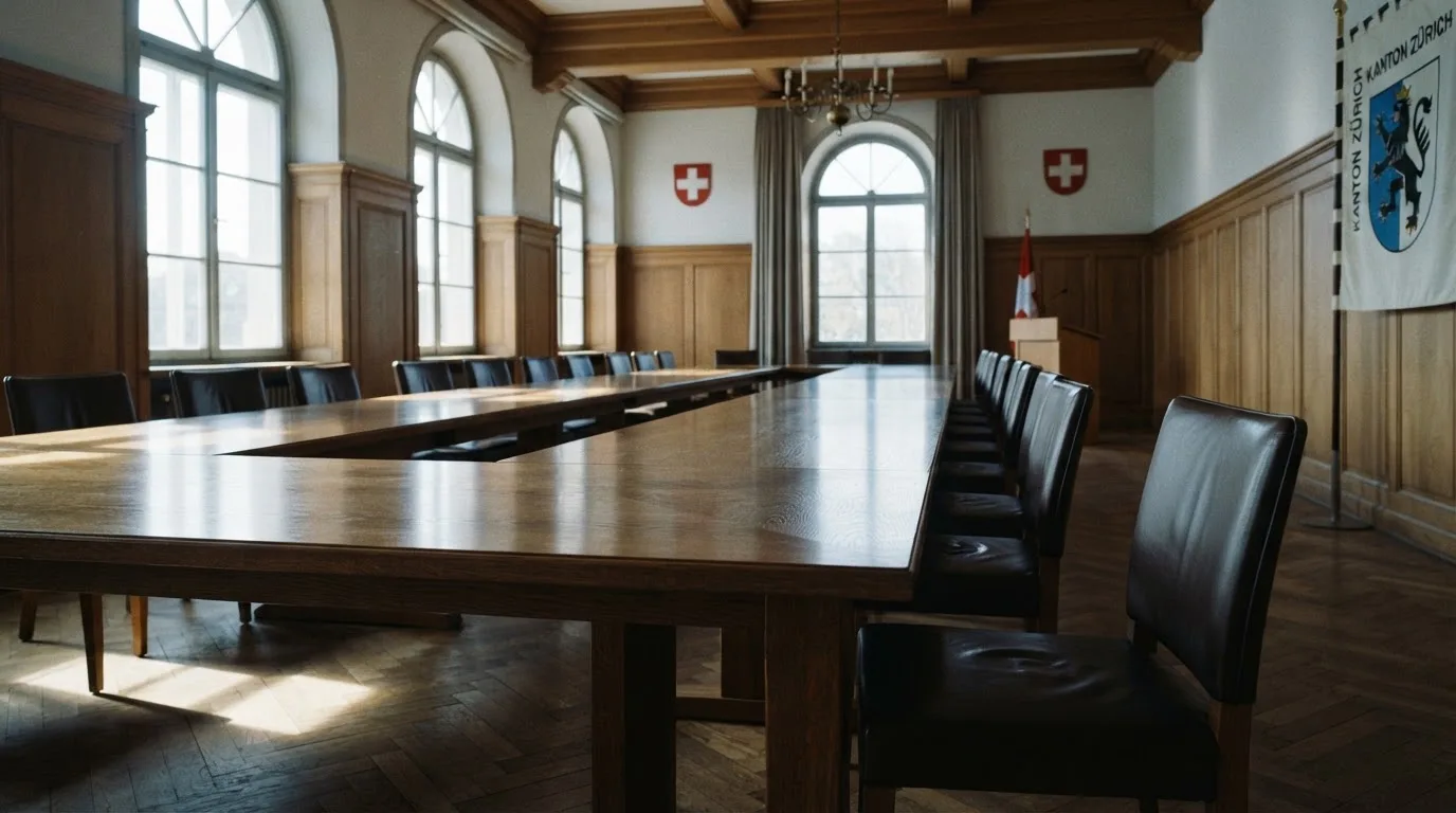 Ein leerer Sitzungssaal mit langem Holztisch und Lederstühlen, durch hohe Fenster fällt Tageslicht auf den Boden.