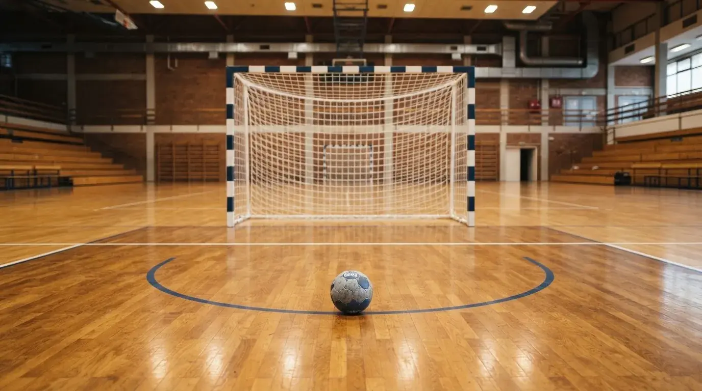 Ein Handballtor in einer leeren Sporthalle, der Ball liegt im Torraum und das Hallenlicht spiegelt sich im Parkett.