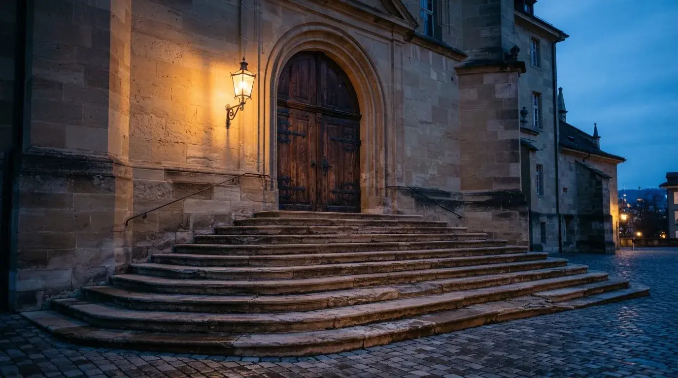 Eine breite Steintreppe führt zu einem hohen Portal aus dunklem Holz, das Licht der Dämmerung liegt auf den Stufen.