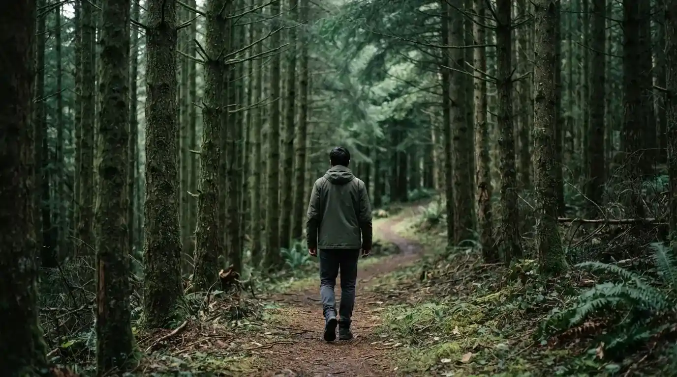 Eine Person von hinten auf einem Waldweg, die langsam zwischen hohen Tannen geht.