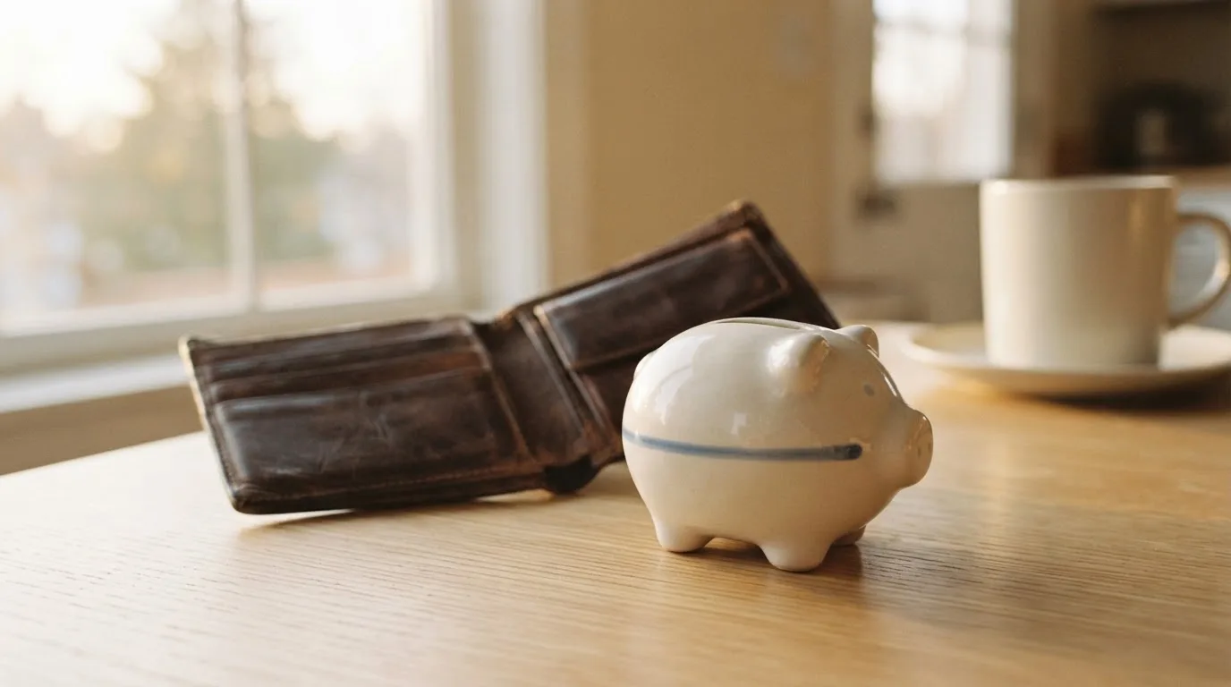 Ein Sparschwein aus Keramik steht auf einem Küchentisch neben einer leeren Geldbörse im Licht des Morgens.