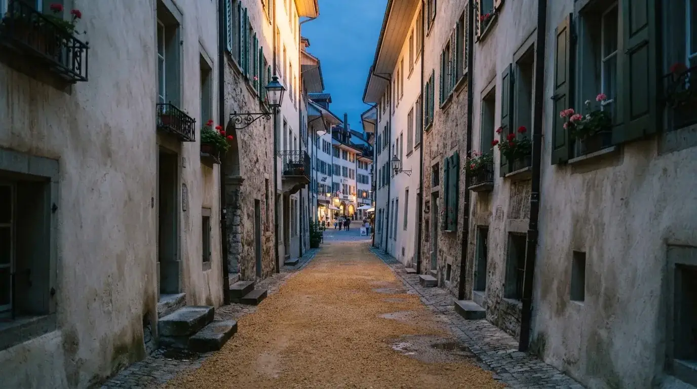 Ein schmaler Kiesweg führt zwischen zwei hellen Mauern durch eine Schweizer Altstadt, die Laternen sind noch nicht angezündet.