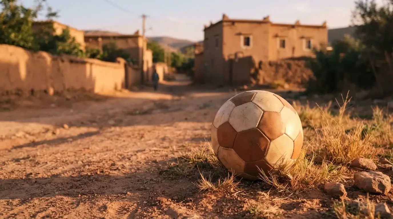 Ein Fussball liegt auf rotbraunem Sand am Rand eines Dorfes, die Abendsonne wirft lange Schatten.