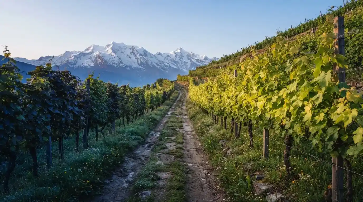 Ein Feldweg zwischen Weinreben im Wallis bei Sonnenaufgang, im Hintergrund hohe Berge und klare Luft.