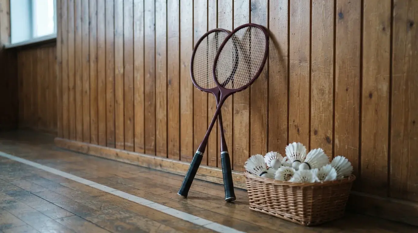 Zwei Badmintonschläger lehnen gekreuzt an einer Hallenwand aus Holz, daneben steht ein Korb mit Federbällen.