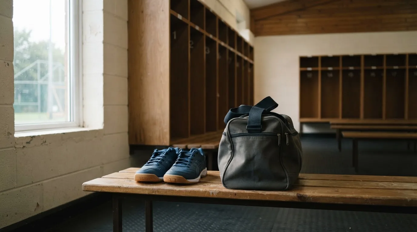 Ein Paar Hallenschuhe steht ordentlich neben einer Sporttasche auf einer Bank in einer leeren Garderobe, ein Fenster lässt Morgenlicht herein.