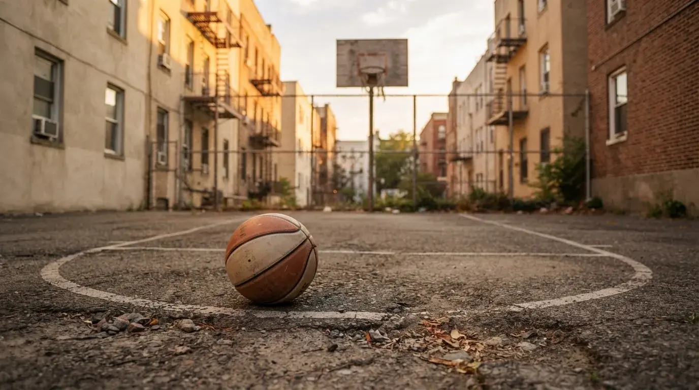 Ein Basketball liegt auf einem Asphaltplatz in einem Hinterhof zwischen Wohnblöcken, das Abendlicht färbt die Wände warm.
