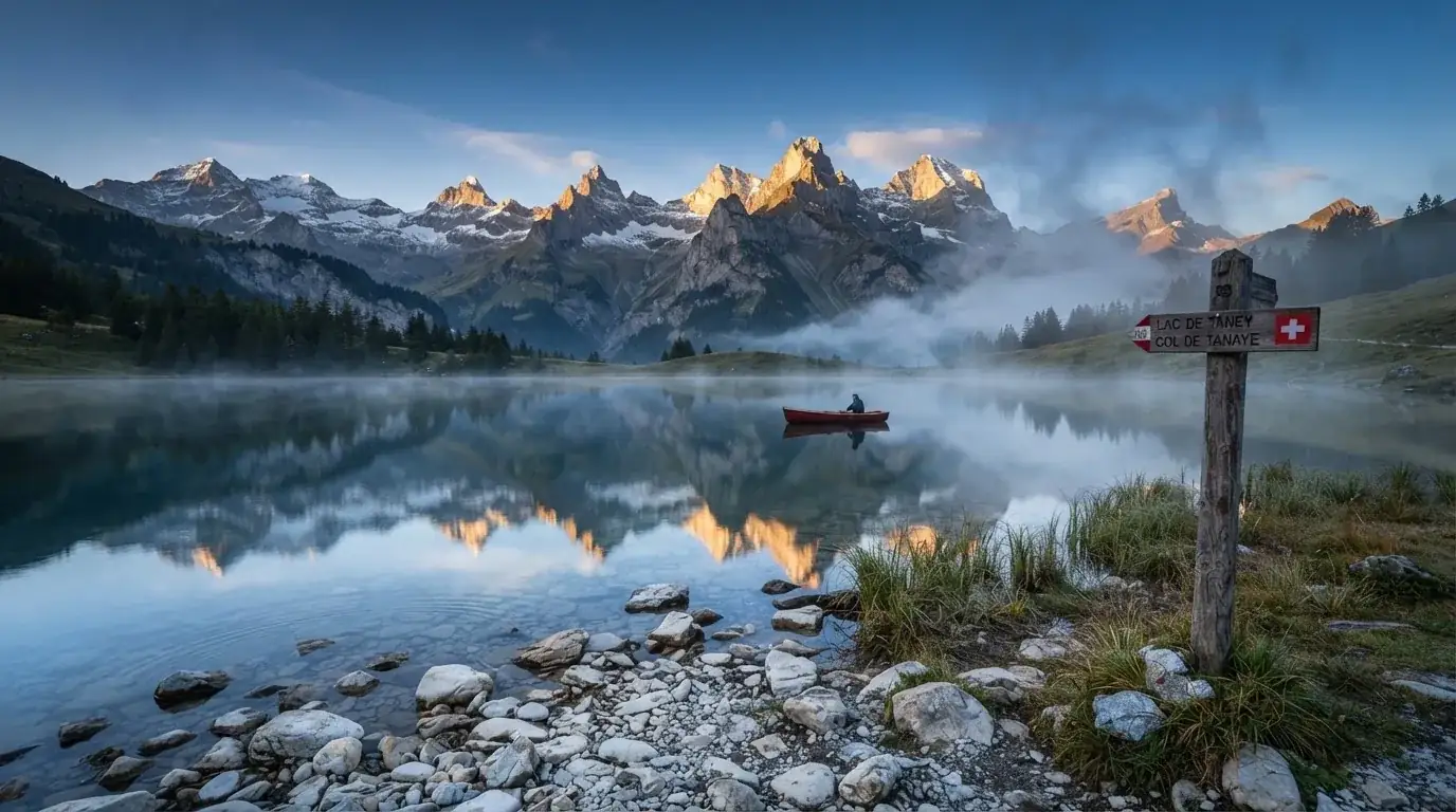 Ein Bergsee mit ruhigem Wasser und Gipfeln im Morgenlicht, am Ufer liegen glatte Steine.
