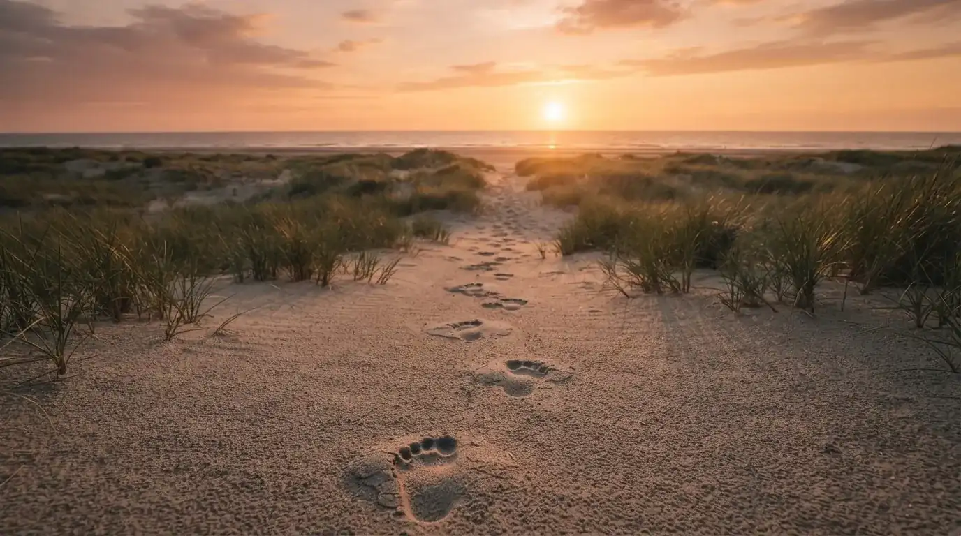 Spuren im Sand führen durch Dünengras auf den Horizont zu, die Sonne steht tief und färbt den Himmel orange.