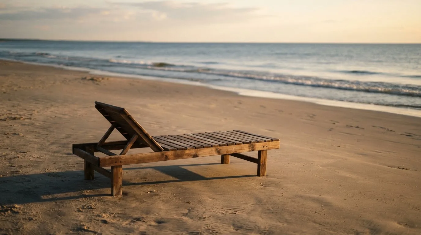Ein leerer Liegestuhl aus Holz steht am Rand eines Sandstrands, Abendlicht und ruhige Wellen im Hintergrund.