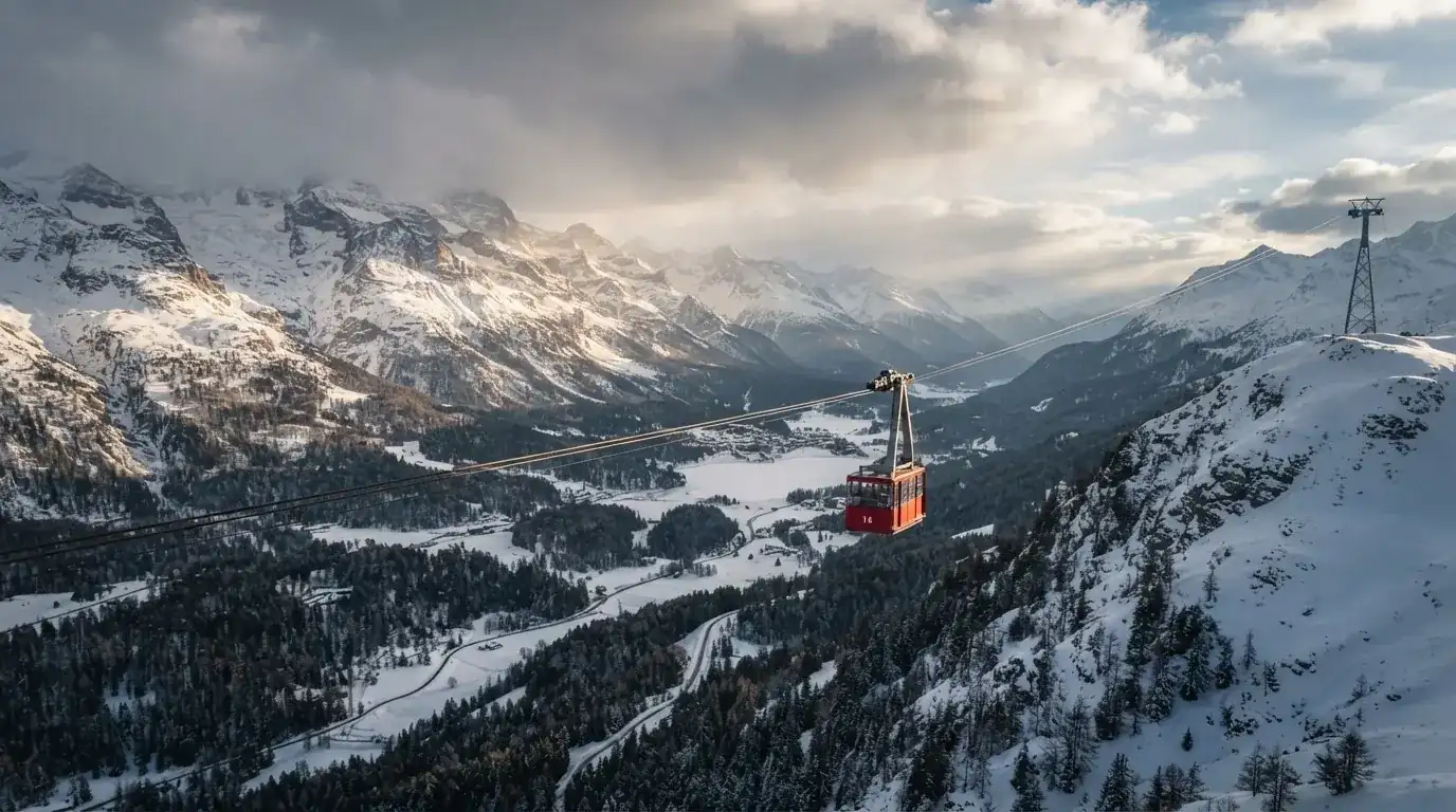 Eine Seilbahnkabine schwebt über einem verschneiten Tal, die Sonne bricht durch die Wolken und beleuchtet die Hänge.