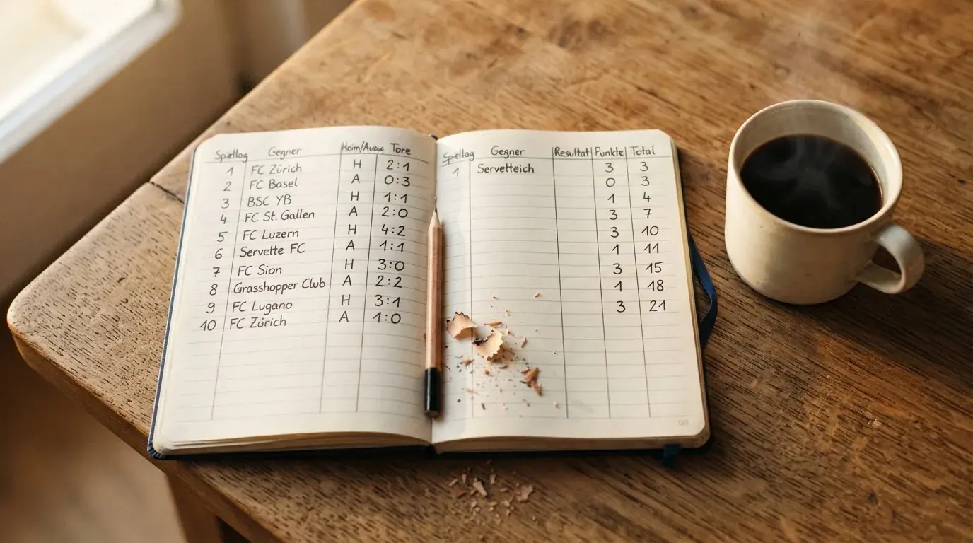 Ein aufgeschlagenes Notizbuch mit handgeschriebenen Spalten und ein Bleistift neben einer Tasse Kaffee auf einem Holztisch am Morgen