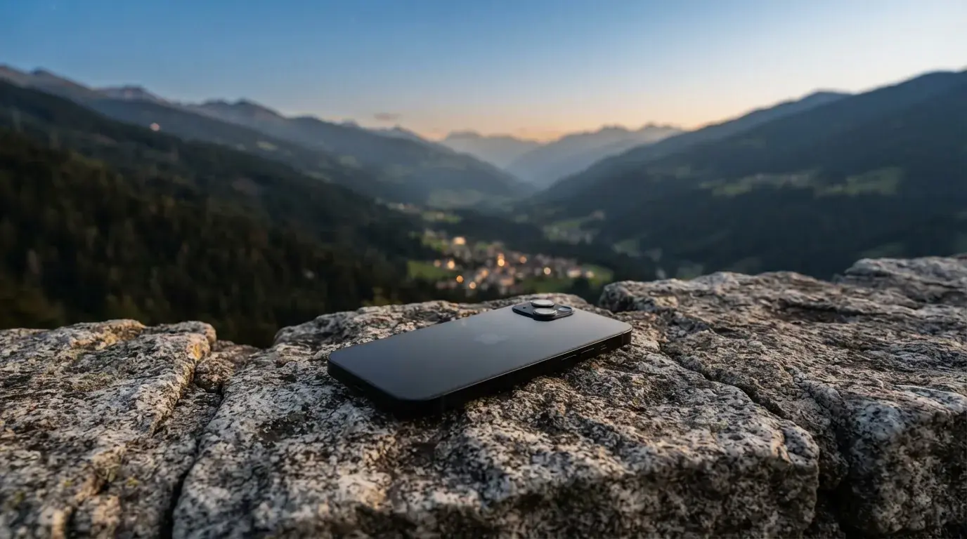 Ein Smartphone mit dunklem Display liegt auf einer Steinmauer, dahinter ein Alpental im Abendlicht