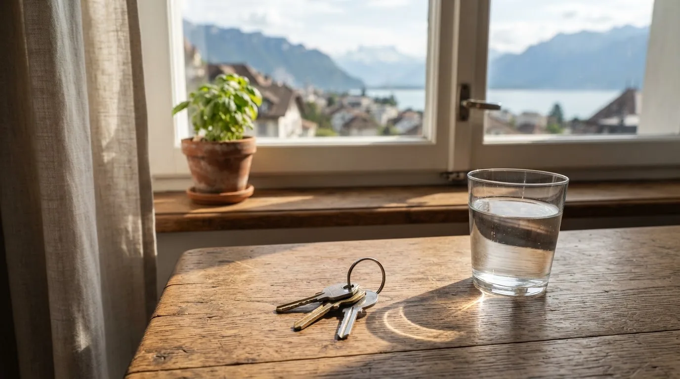 Ein Schlüsselbund und ein Glas Wasser stehen auf einem Holztisch im Licht eines Fensters