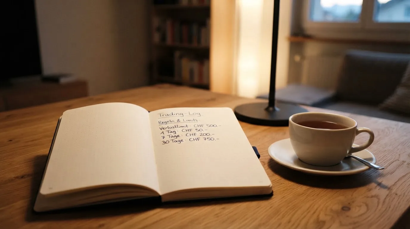 Ein Notizbuch mit handschriftlichen Einträgen und eine Tasse Tee stehen auf einem Tisch neben einer Stehlampe