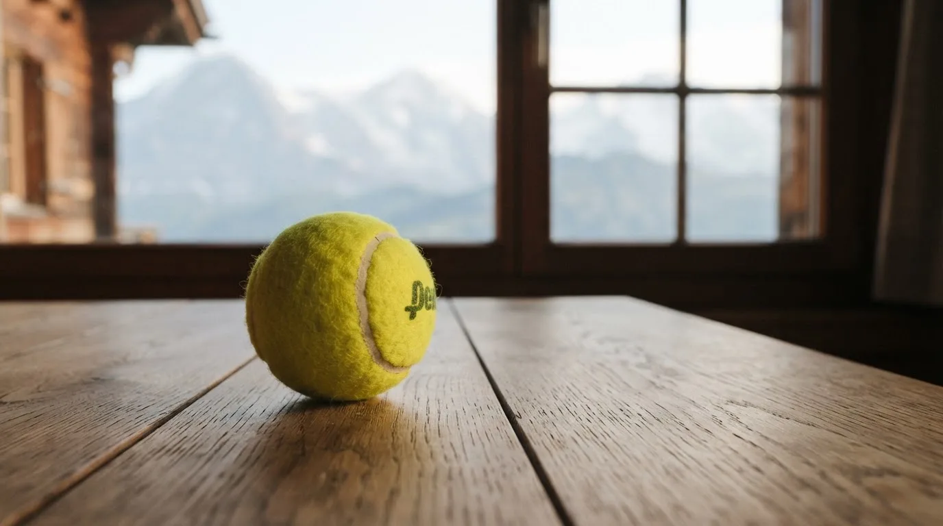Ein einzelner gelber Tennisball liegt auf einem Holztisch vor einem Fenster mit Alpenblick