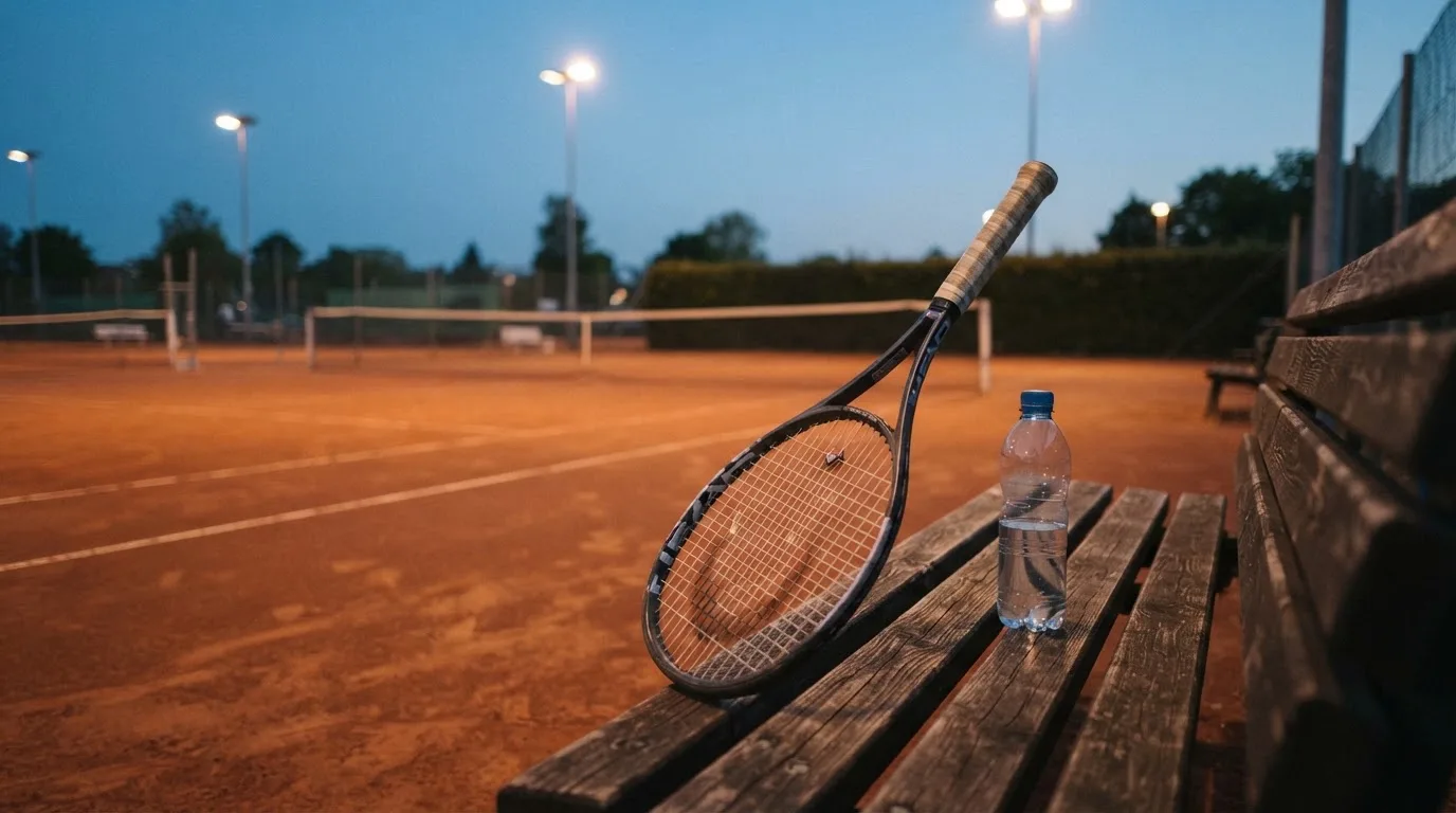 Ein Tennisschläger lehnt an einer Bank neben einer Wasserflasche, am Abend ruht der Platz im Flutlicht, aus der Ferne gesehen