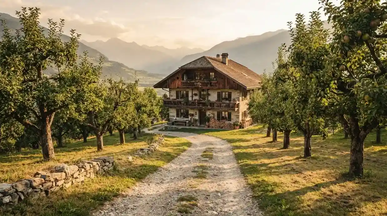 Ein Kiesweg führt durch einen Obstgarten zu einem Bauernhaus mit Holzbalkon, über dem Tal liegt Abendlicht