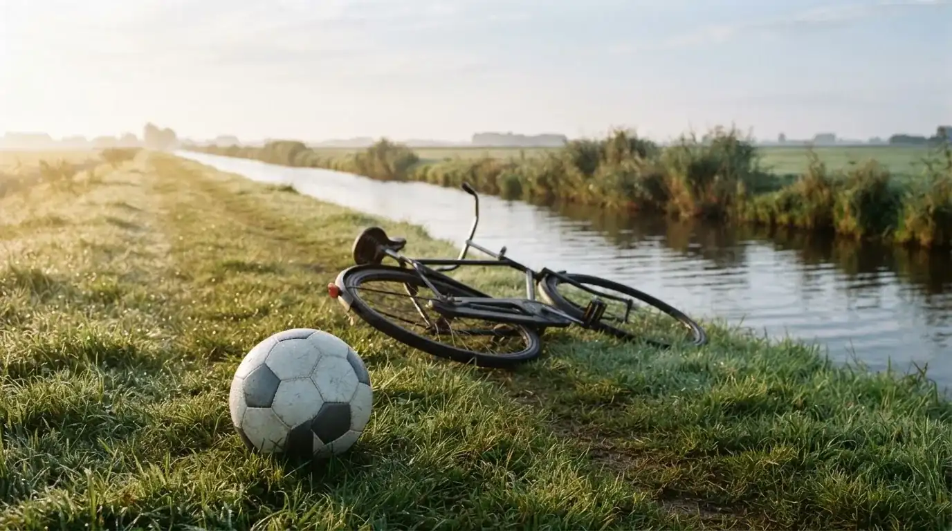 Ein Fussball liegt auf einer Wiese neben einem Fahrrad, im Hintergrund ein Kanal im Morgenlicht