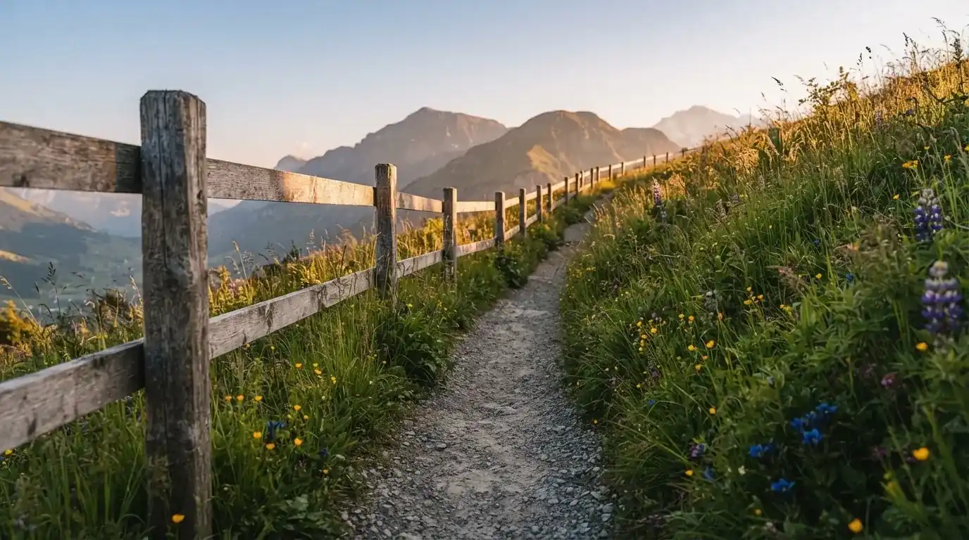 Ein Wanderweg führt durch eine Almwiese im Sonnenuntergang, am Wegrand steht ein Holzzaun