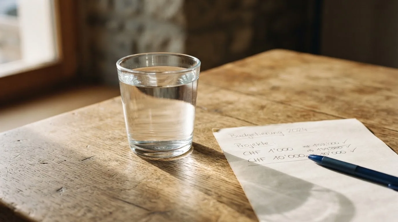 Ein Glas steht bis zum Rand gefüllt auf einem Holztisch, daneben ein Kugelschreiber und ein leeres Blatt Papier im Seitenlicht.