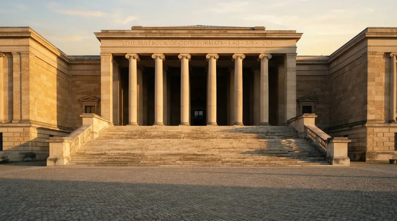 Eine steinerne Treppe führt zu einem Portal mit Säulen im Morgenlicht, der Platz davor ist leer.