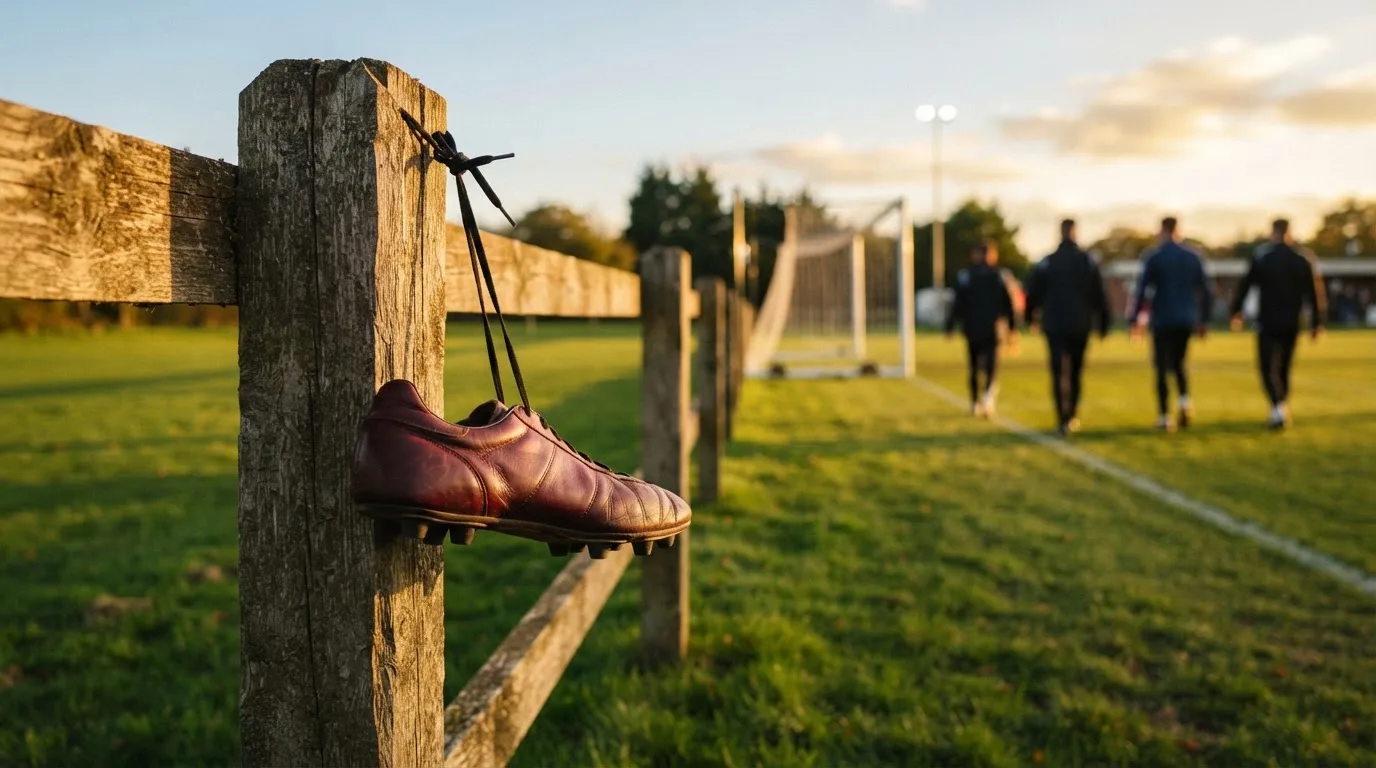 Ein Fussballschuh hängt an den Schnürsenkeln an einem Zaunpfosten neben einem Trainingsplatz im Abendlicht.